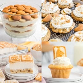 Four banana pudding-inspired desserts: trifle, cookies, icebox cake slice, and a cupcake with a cookie on top.