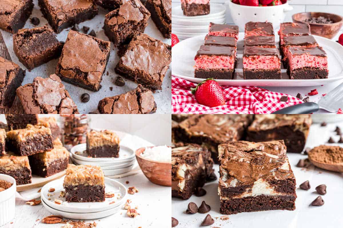 A collage of four types of brownies, including classic, strawberry, coconut, and marbled cheesecake.