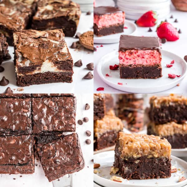 Four types of brownies on plates, each with different toppings and textures, displayed in a collage.