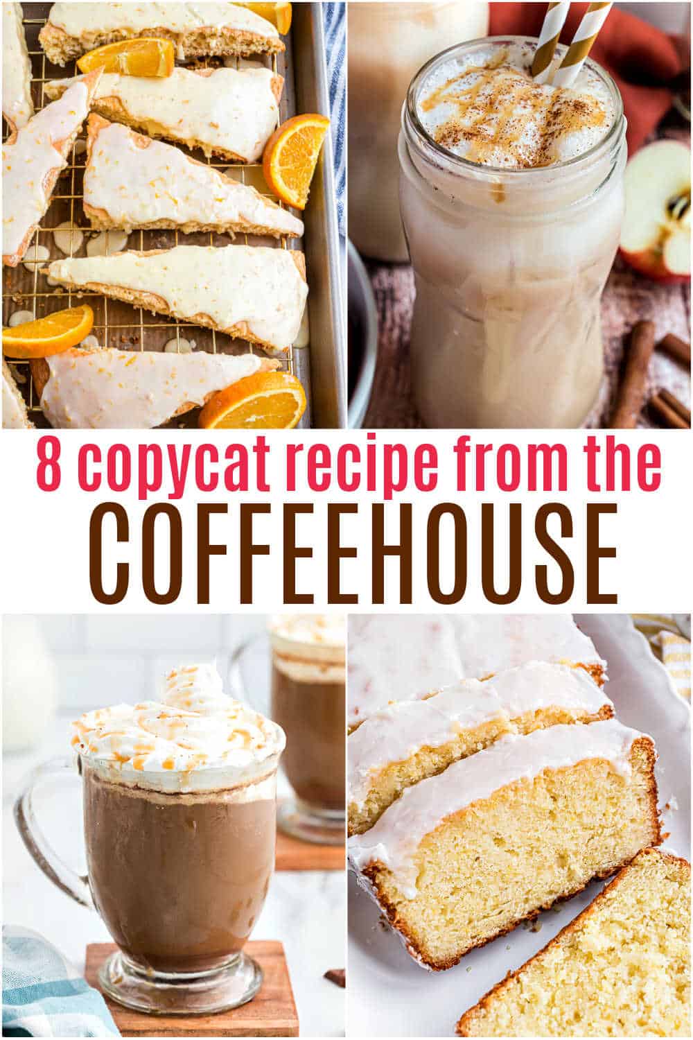 Four coffeehouse-style drinks and baked goods, including iced coffee, scones, and cake, with text overlay.
