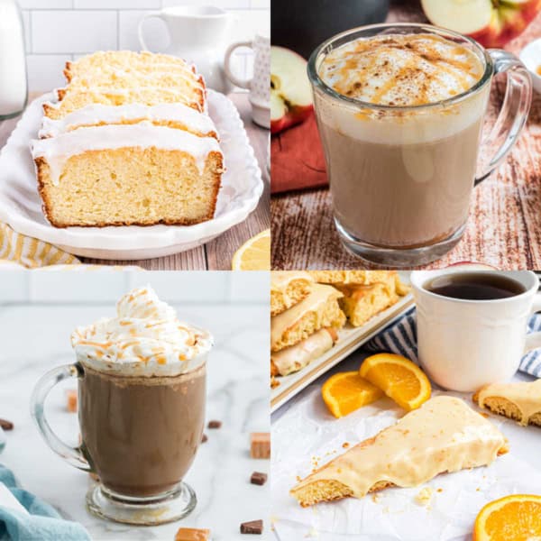 Four-panel image: lemon loaf, latte with whipped cream, caramel mocha, and orange scones with coffee.