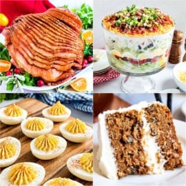 Collage of glazed ham, layered salad in a trifle dish, deviled eggs, and a slice of carrot cake with frosting.