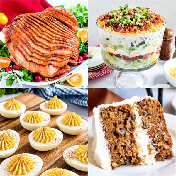 Collage of glazed ham, layered salad in a trifle dish, deviled eggs, and a slice of carrot cake with frosting.
