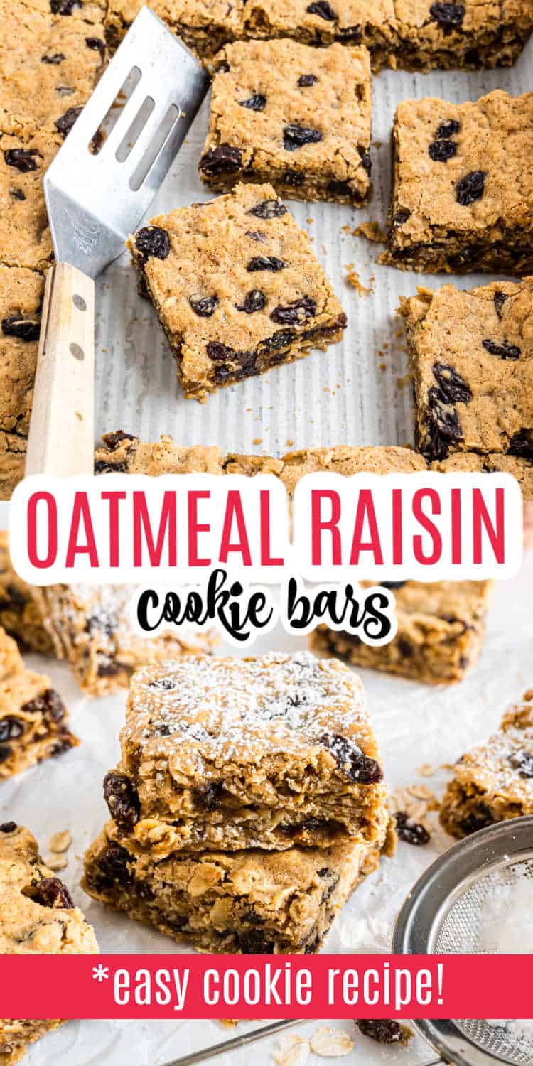Oatmeal raisin cookie bars cut into squares, some stacked, with text saying easy cookie recipe.