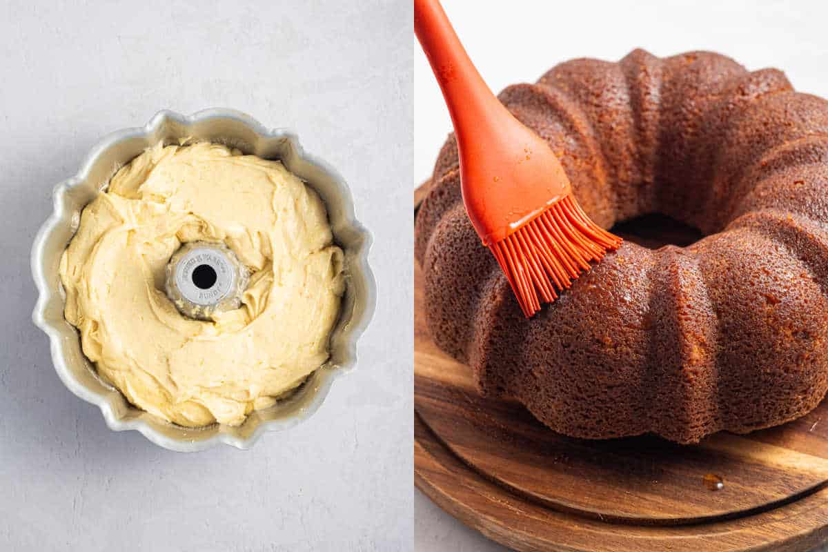 Split image: Left, cake batter in a bundt pan; right, baked bundt cake brushed with glaze using an orange brush.
