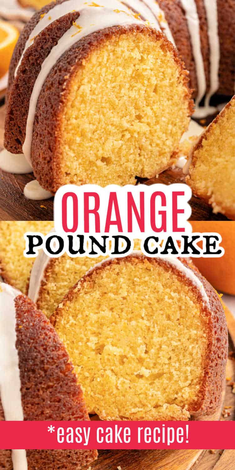 Two slices of orange pound cake with white icing, shown up close; text reads Orange Pound Cake.