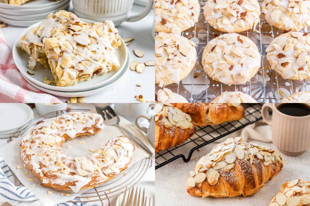 Four images of baked goods topped with sliced almonds and white icing, including pastries and cookies.