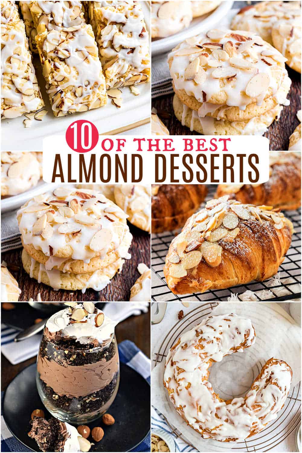 A collage of six almond desserts including cookies, croissants, and cake, topped with sliced almonds and icing.