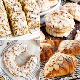 Four types of almond pastries with icing and sliced almonds, arranged in a collage on plates and cooling racks.