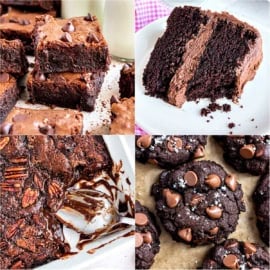 A collage of four chocolate desserts: brownies, chocolate cake, chocolate pecan pie, and chocolate cookies.
