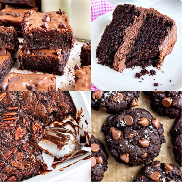 A collage of four chocolate desserts: brownies, chocolate cake, chocolate pecan pie, and chocolate cookies.