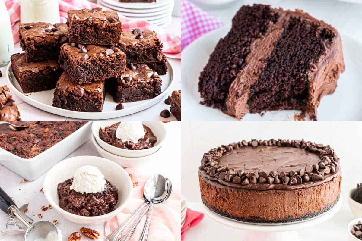 A collage of four chocolate desserts: brownies, chocolate cake, chocolate pudding, and chocolate cheesecake.