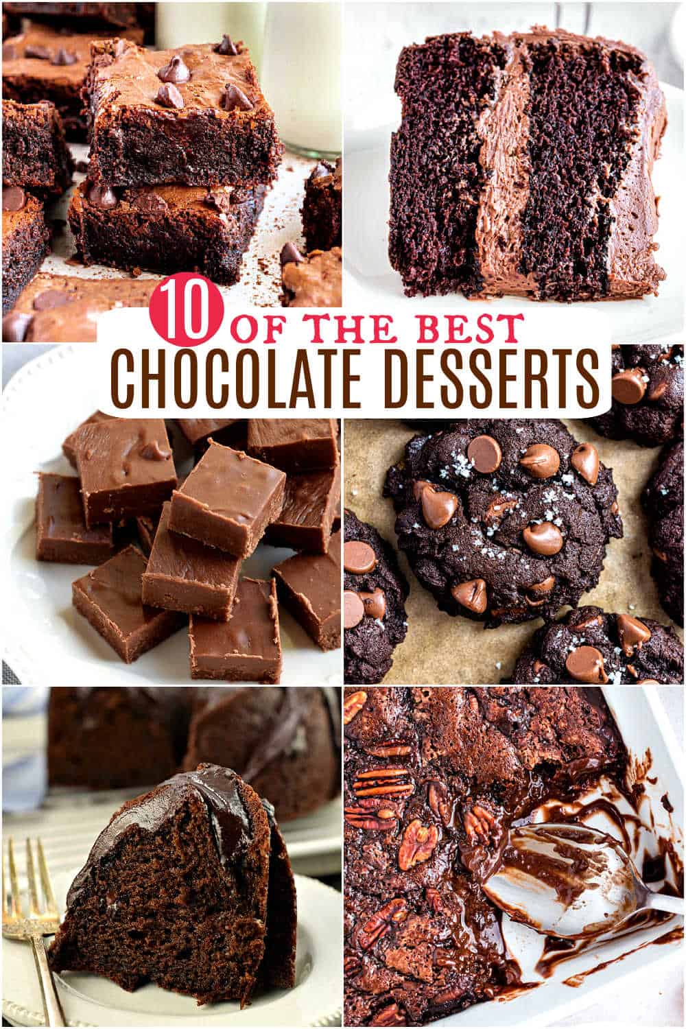 A collage of rich chocolate desserts, including brownies, cake, fudge, cookies, and lava cake.