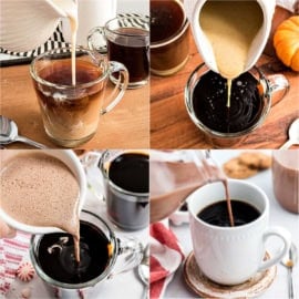 Four photos of coffee mugs with creamer being poured in, each with different creamers and backgrounds.