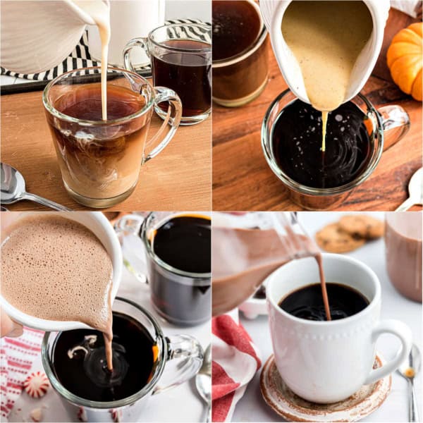 Four photos of coffee mugs with creamer being poured in, each with different creamers and backgrounds.