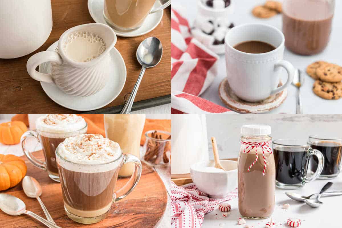 Four images of hot and iced coffee drinks, some topped with whipped cream, cookies and festive decorations nearby.