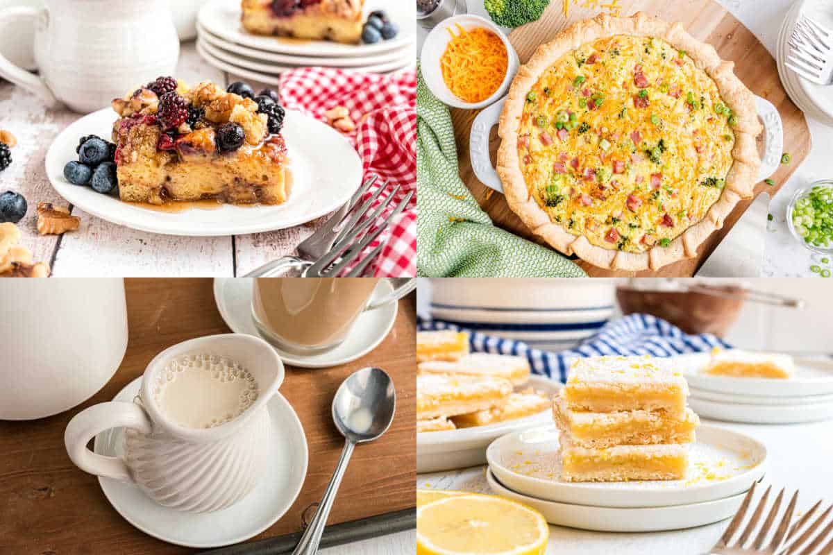 A collage of brunch foods: berry French toast, veggie quiche, coffee with cream, and lemon bars.