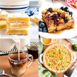 Collage of lemon bars, berry French toast, coffee with cream, and a quiche on a wooden table.