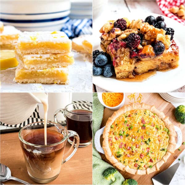 Collage of lemon bars, berry French toast, coffee with cream, and a quiche on a wooden table.