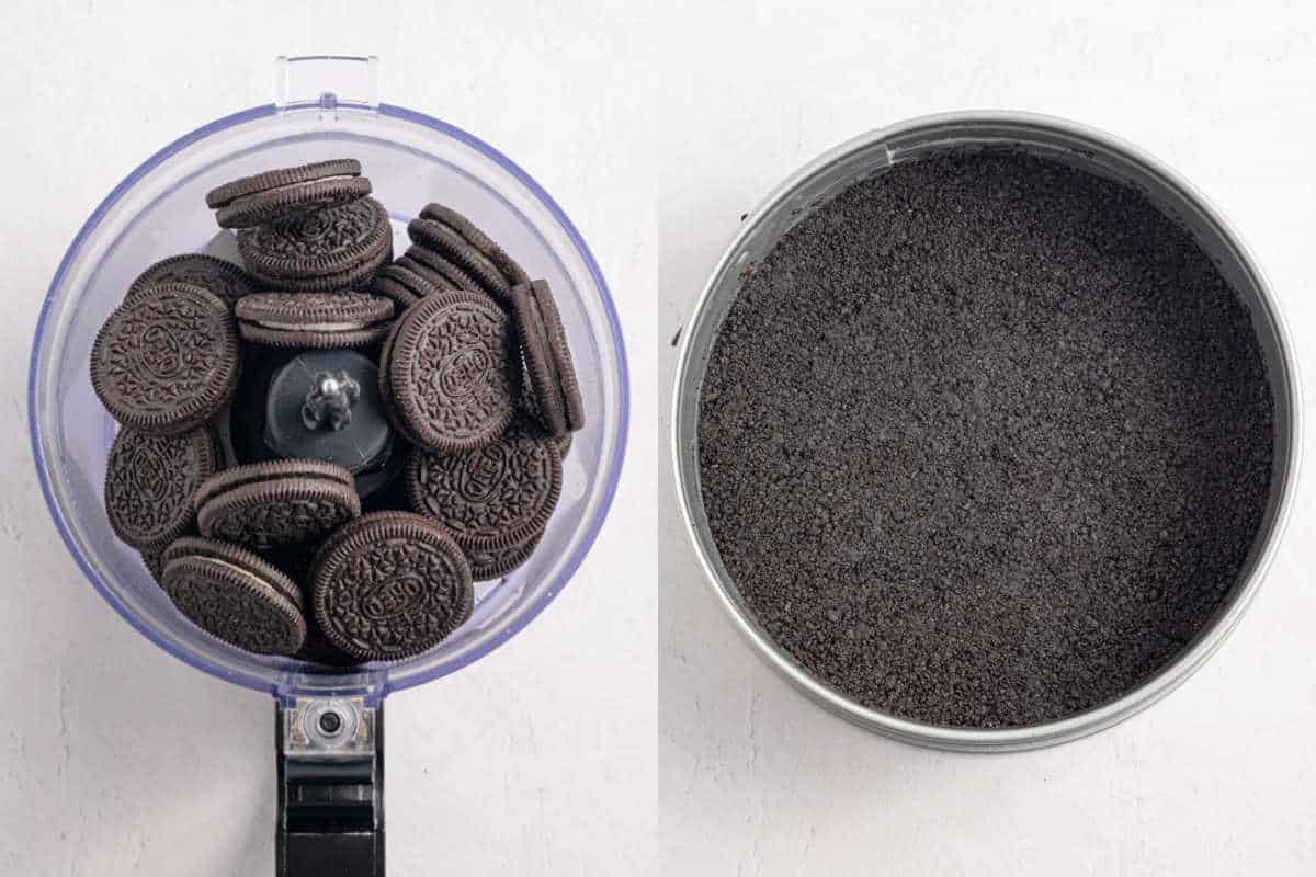 Left: whole chocolate sandwich cookies in a food processor. Right: crushed cookies pressed into a pan.