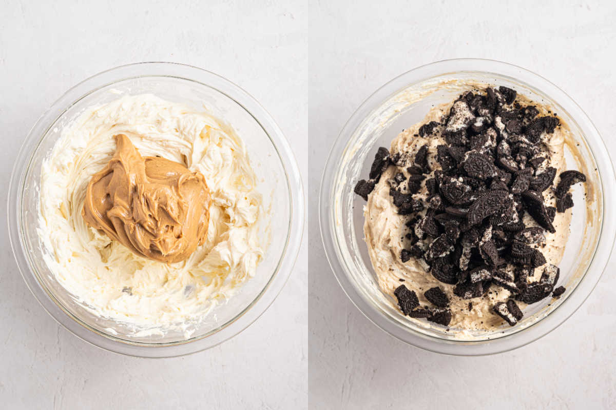 Two glass bowls: one with cream and peanut butter, one with cream mixture topped with crushed chocolate cookies.