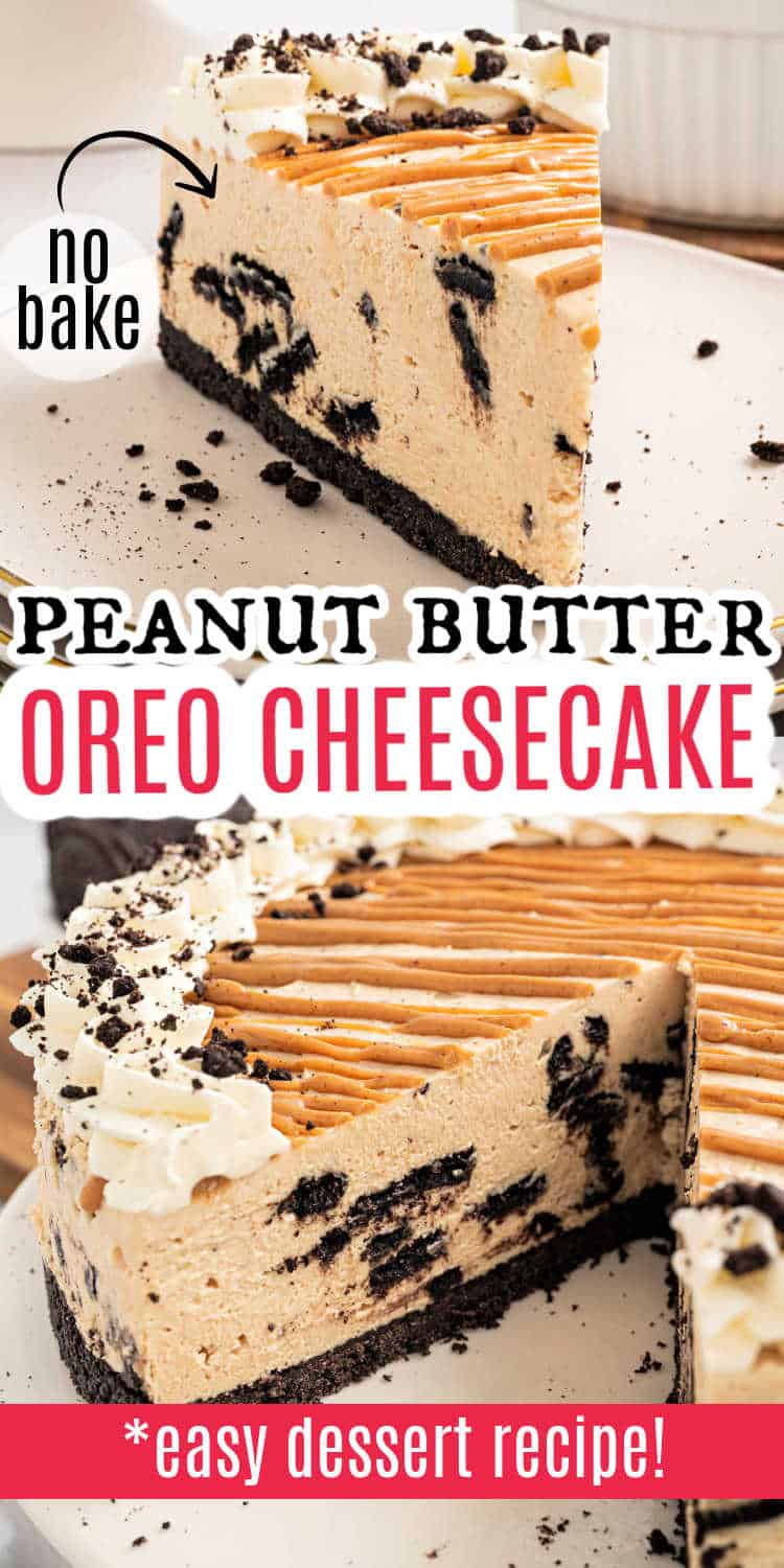 A slice of no-bake peanut butter Oreo cheesecake with whipped cream and Oreo crumbs on top.