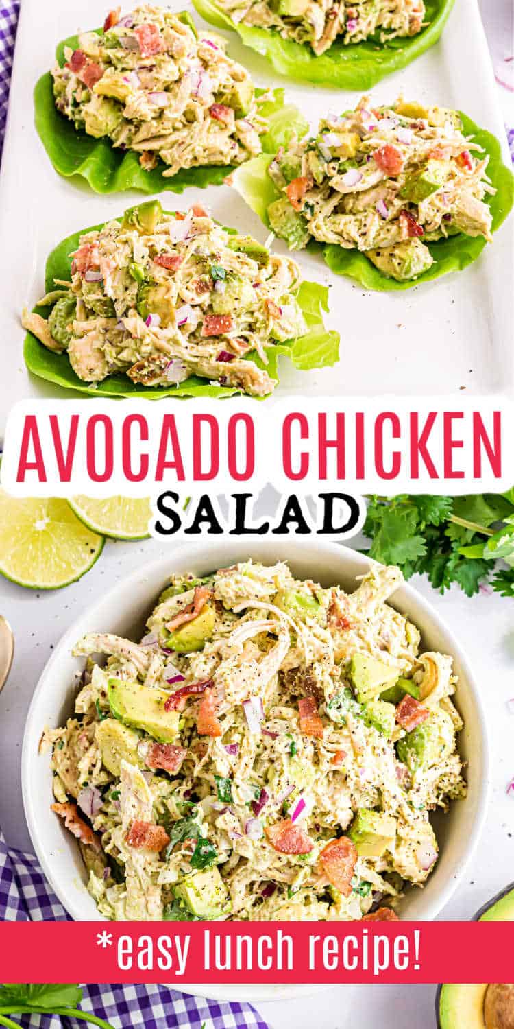 Avocado chicken salad served on lettuce leaves and in a bowl, garnished with lime and herbs.