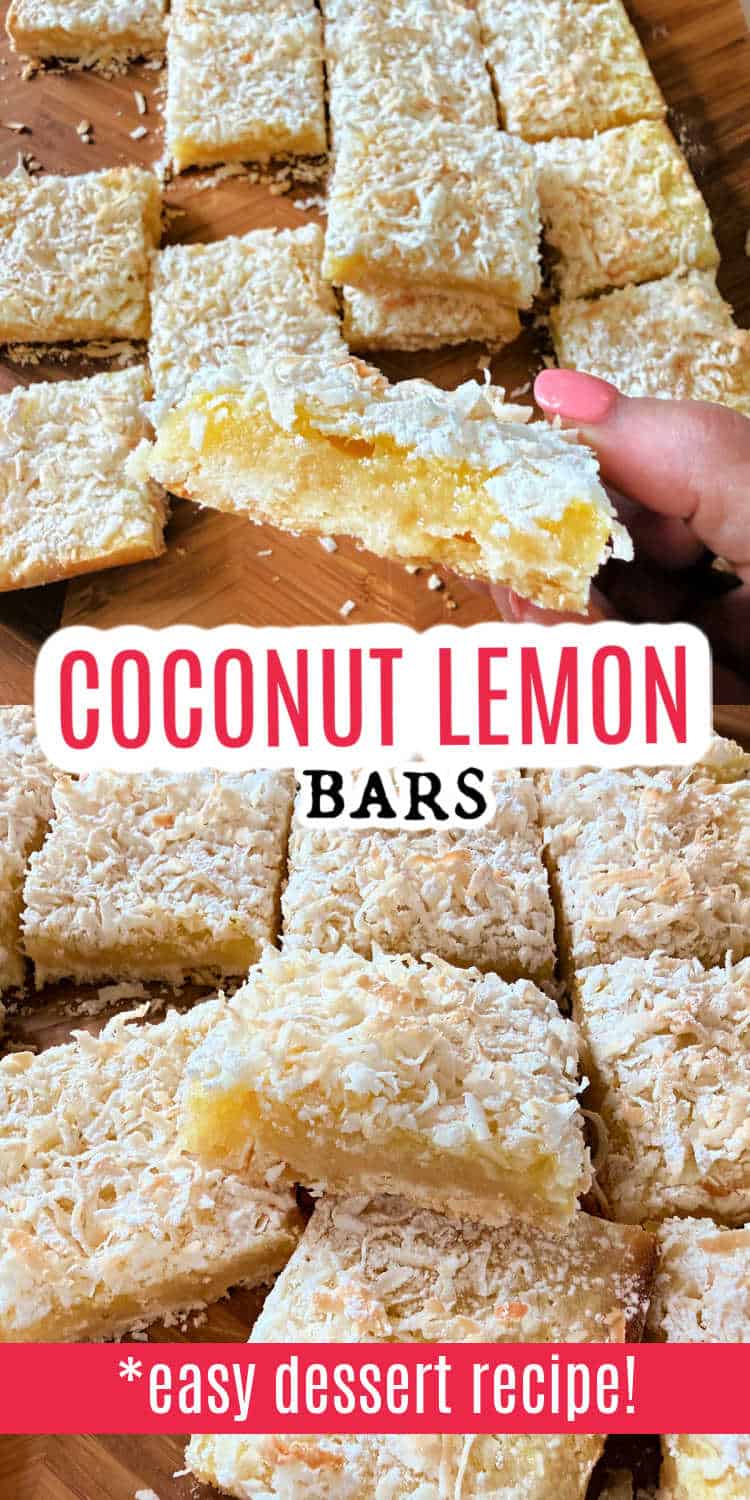 Close-up of coconut lemon bars with shredded coconut on top, one bar being held; text reads Coconut Lemon Bars.