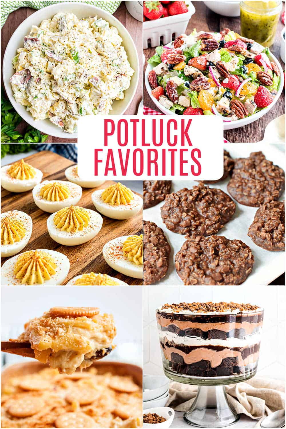 Collage of six potluck dishes, including salads, deviled eggs, cookies, casserole, and a layered dessert.