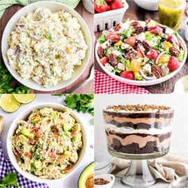 Four dishes: potato salad, strawberry pecan salad, avocado chicken salad, and a layered chocolate trifle dessert.