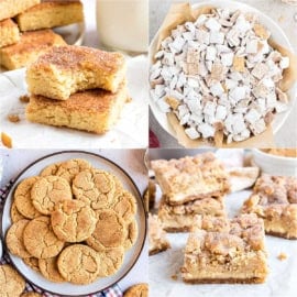 A collage of four different cinnamon dessert treats, including bars, cookies, and cereal snack mix.