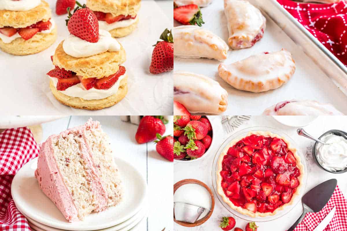 Four strawberry desserts: shortcake, glazed hand pies, a slice of layer cake, and a strawberry-topped pie.