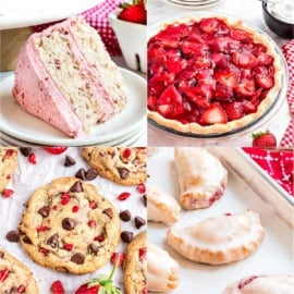 A collage of strawberry desserts: cake slice, strawberry pie, cookies, and glazed hand pies on trays.
