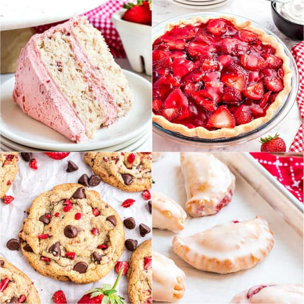 A collage of strawberry desserts: cake slice, strawberry pie, cookies, and glazed hand pies on trays.