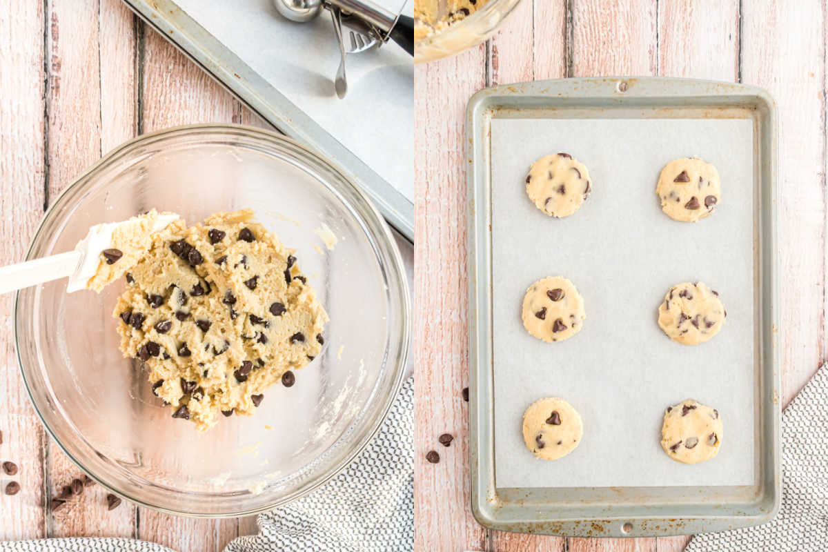 A bowl of chocolate chip cookie dough and a baking tray with six unbaked cookies on parchment paper.
