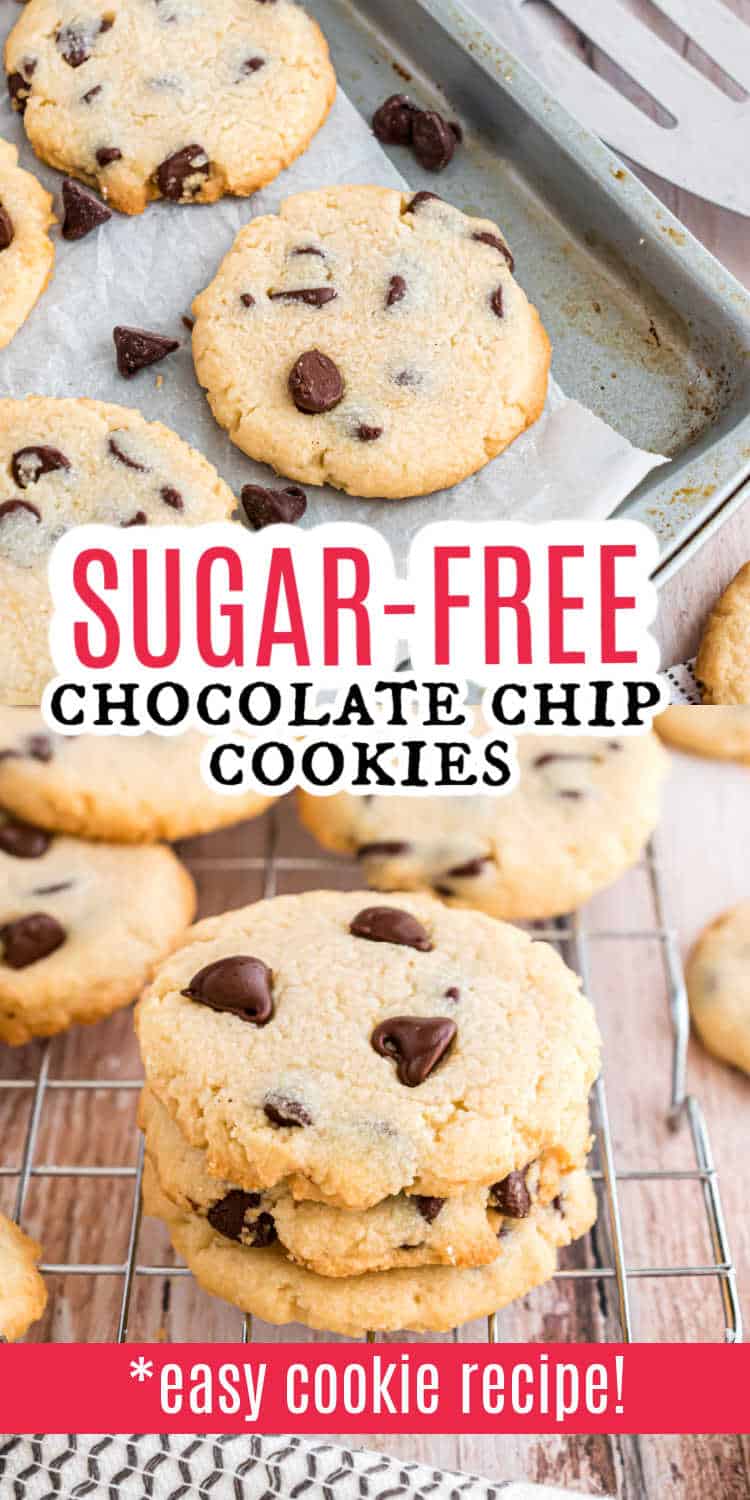 Sugar-free chocolate chip cookies on a tray and cooling rack, with text promoting an easy cookie recipe.
