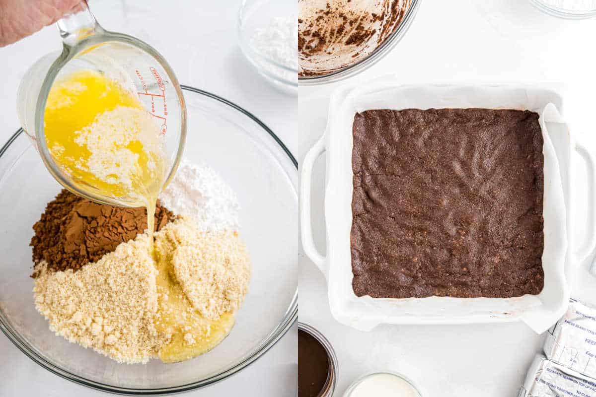 Melted butter poured into dry ingredients and a pressed chocolate mixture in a parchment-lined baking dish.