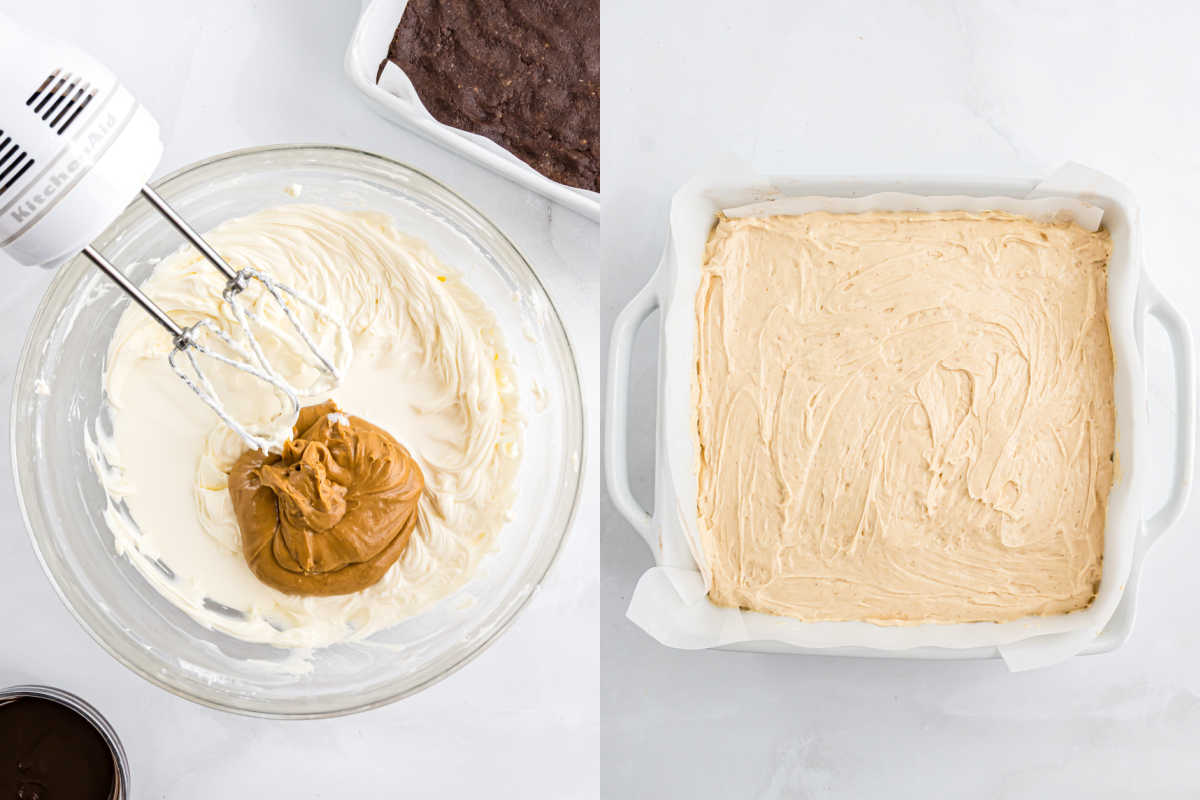 Hand mixer blending peanut butter into cream; creamy mixture spread in a square white baking dish.