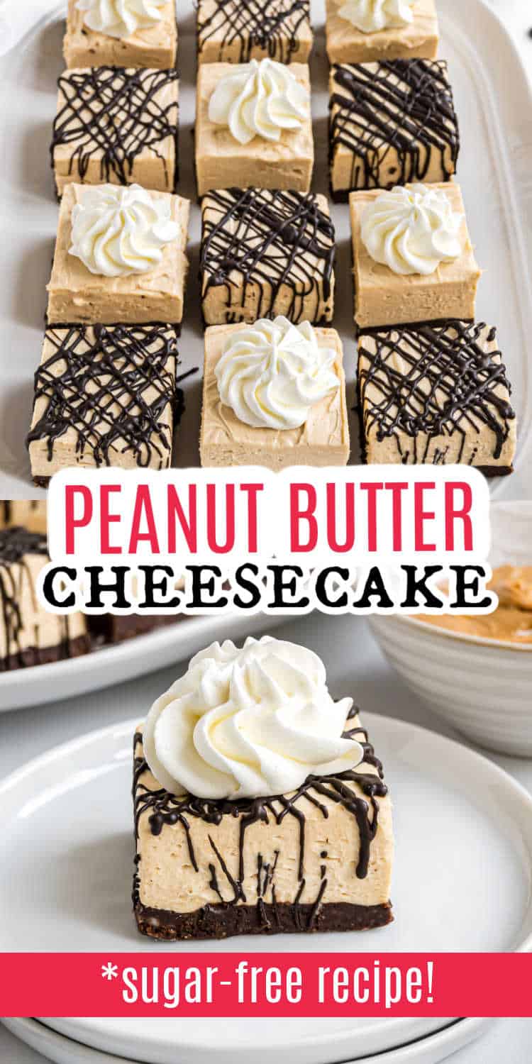 Sliced peanut butter cheesecake bars with whipped cream and chocolate drizzle, labeled as sugar-free.