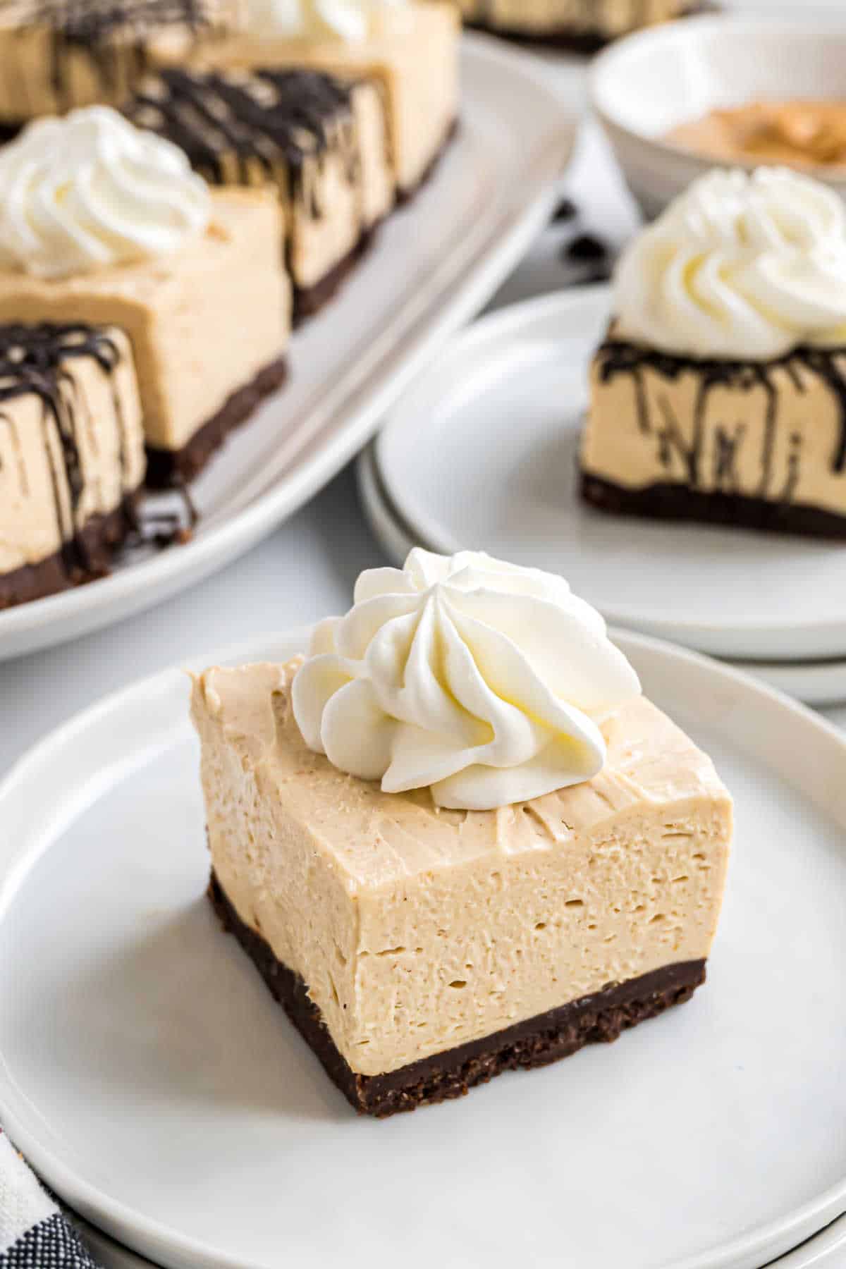 A slice of creamy dessert with a chocolate crust and whipped cream topping on a white plate.