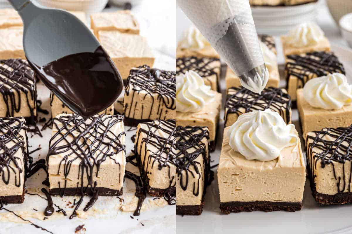 Left: Spoon drizzling chocolate on bars. Right: Piping whipped cream onto peanut butter bars with chocolate drizzle.