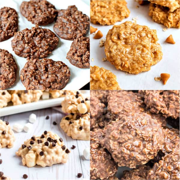 A collage of four types of no-bake cookies with chocolate, butterscotch, and white chocolate chips.