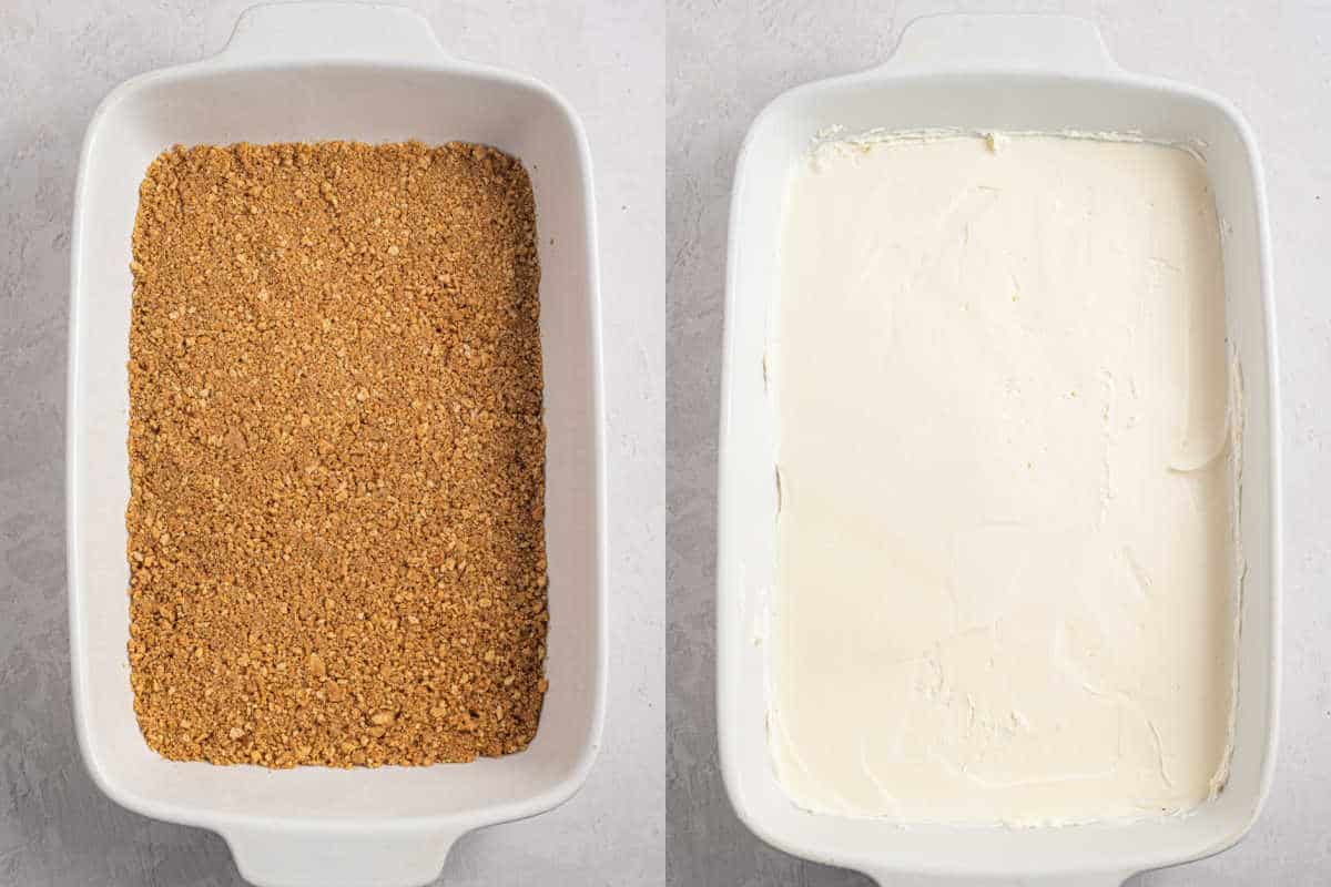 Side-by-side pans show a graham cracker crust on the left and a cream cheese layer on the right.