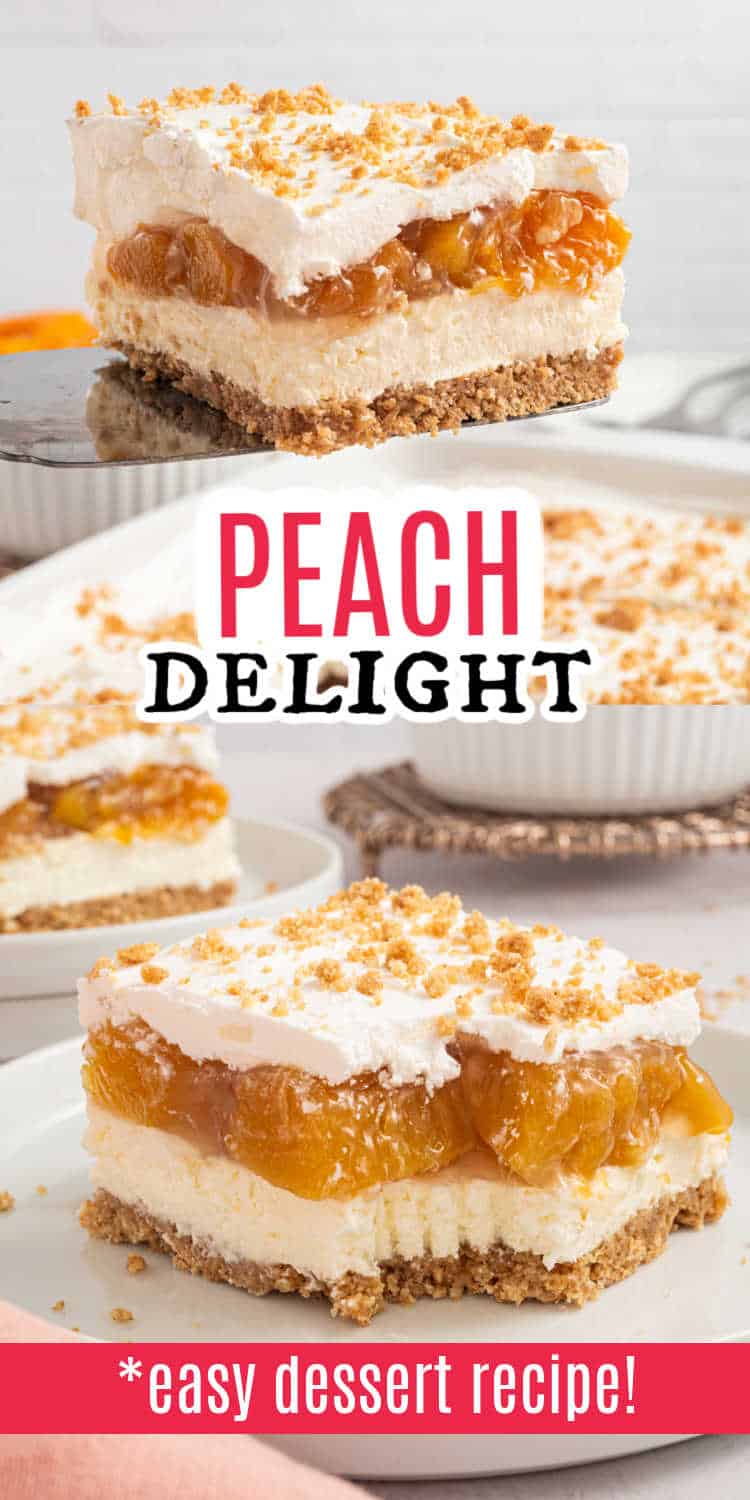 A slice of peach delight dessert with cream, peach topping, and a crumbly crust on a plate.