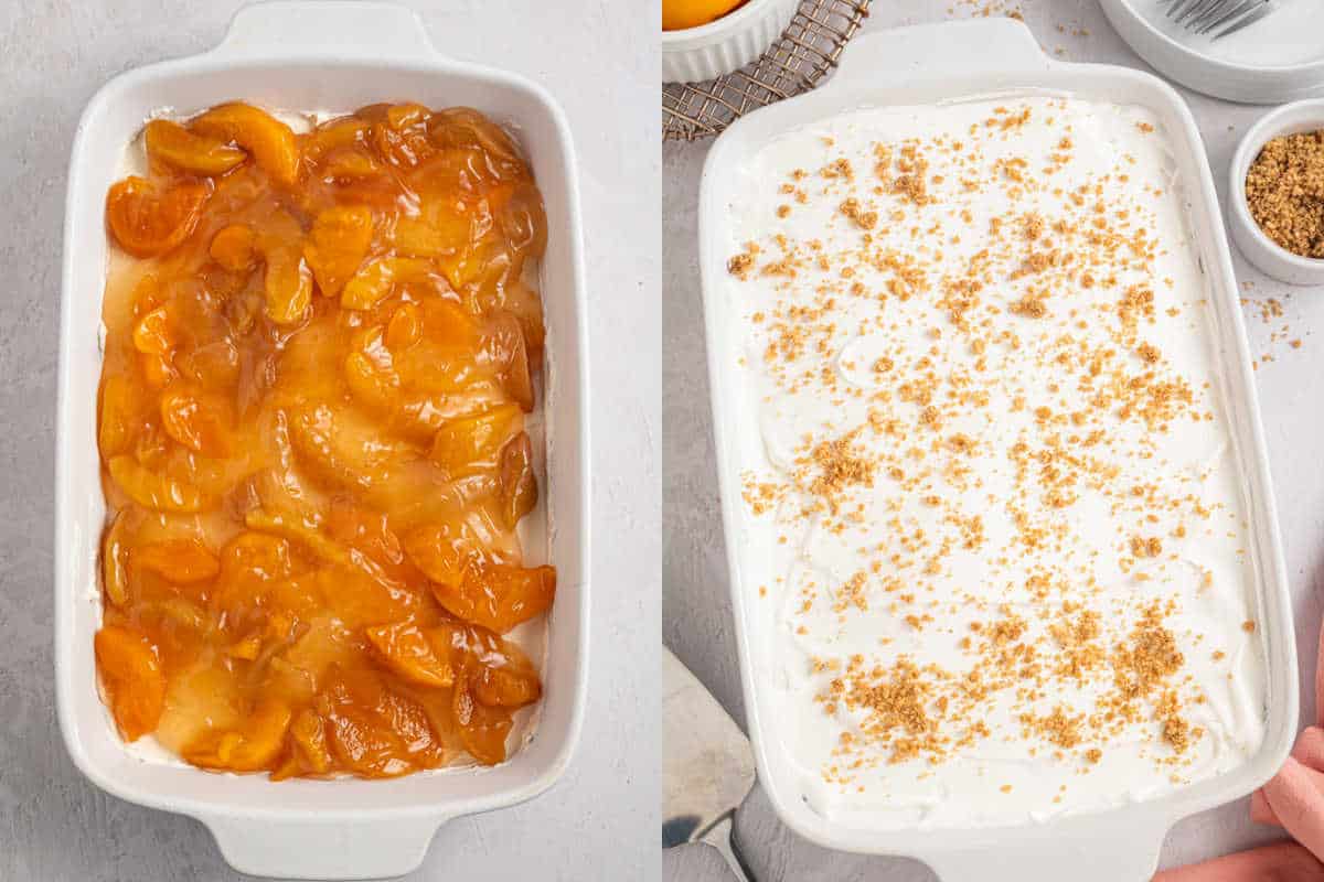 Two-step collage: canned peaches in a baking dish, then topped with creamy layer and sprinkled crumbs.