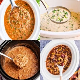 Four different slow cooker soups and stews in crockpots, each shown with a ladle filled with the dish.