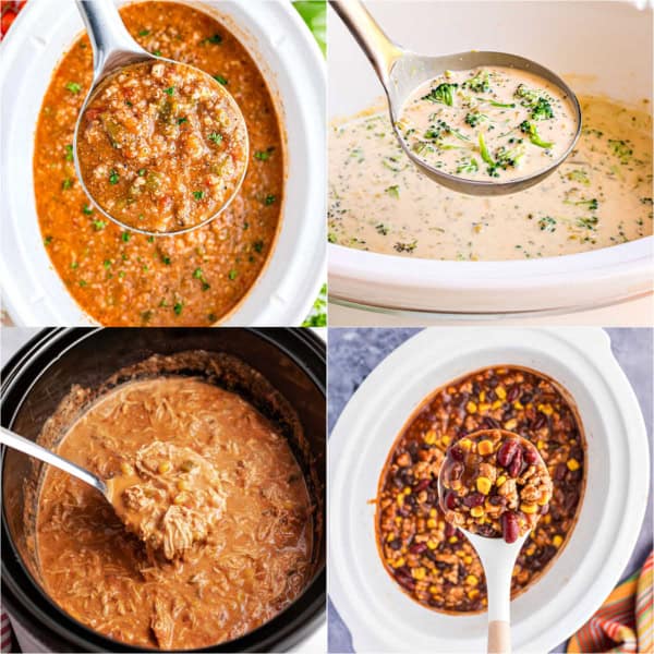 Four different slow cooker soups and stews in crockpots, each shown with a ladle filled with the dish.