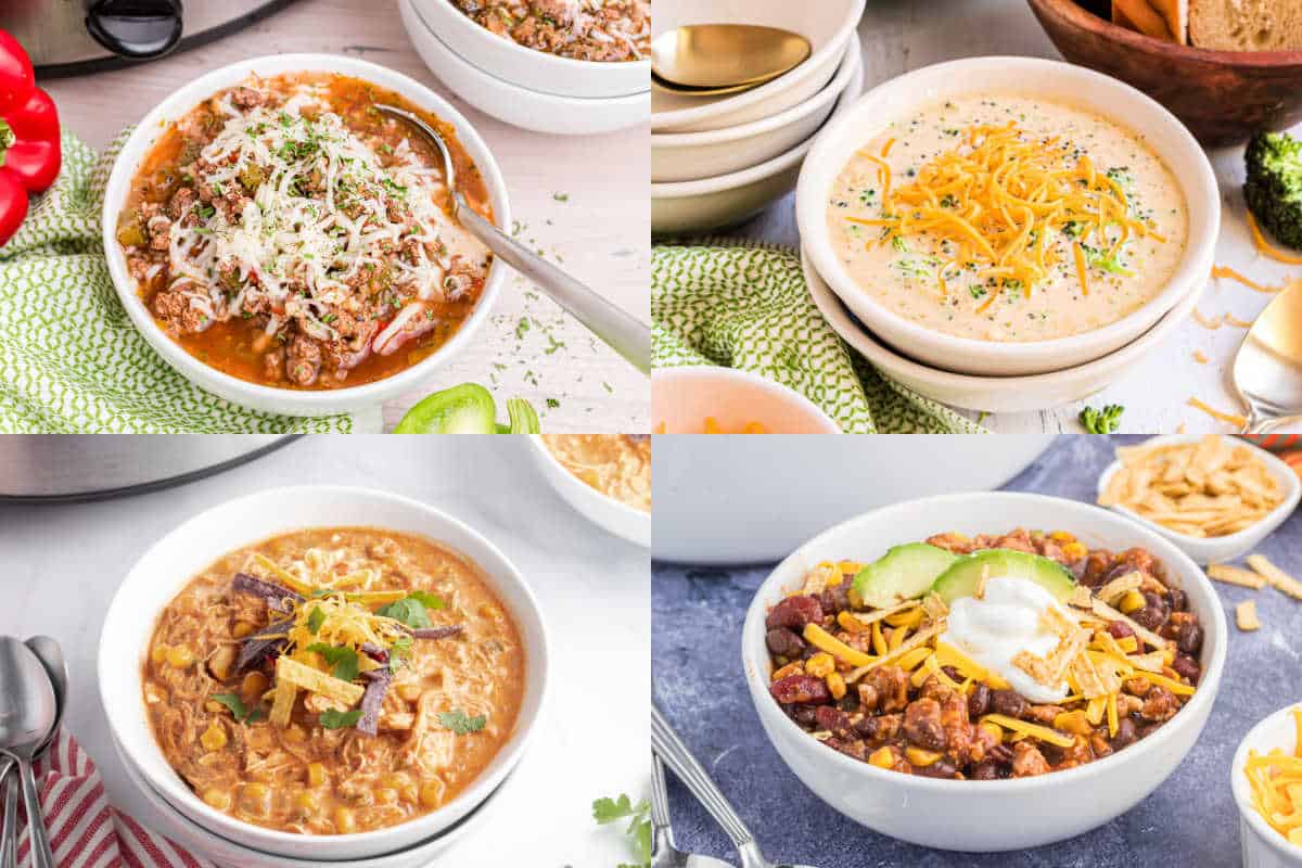 Four bowls of different soups and chilis topped with cheese and garnishes, arranged on a table.