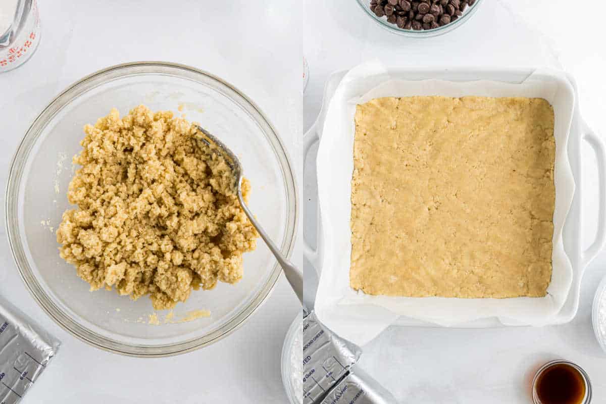 A bowl of crumbly dough and a baking dish lined with parchment paper, dough pressed flat inside.