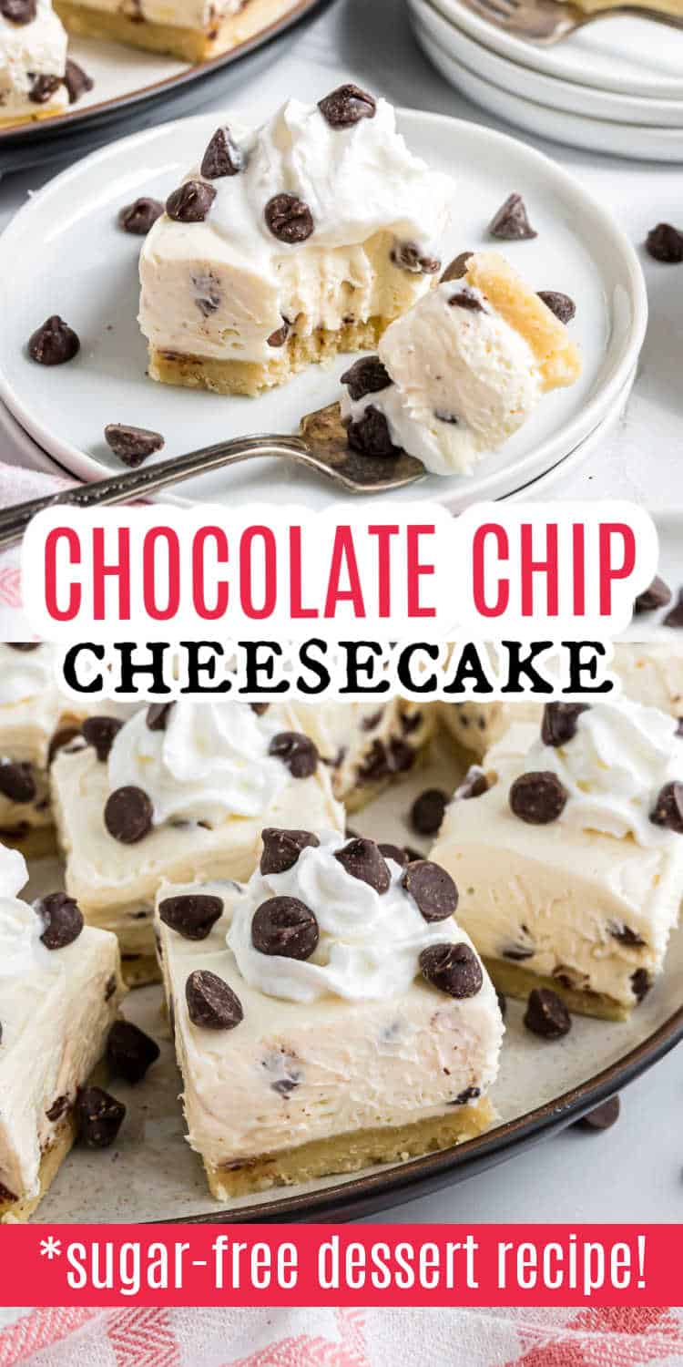 Slices of chocolate chip cheesecake topped with whipped cream and chocolate chips on white plates.